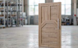 WPC interior door leaf with a wood-grain finish standing in a door factory workshop