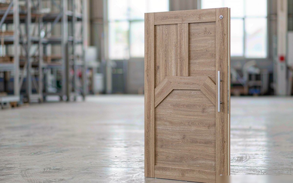 WPC interior door leaf with a wood-grain finish standing in a door factory workshop
