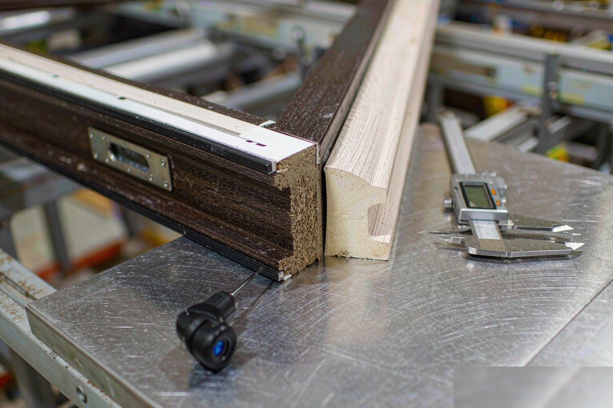 Cut WPC door sample on a quality-control bench with digital calipers