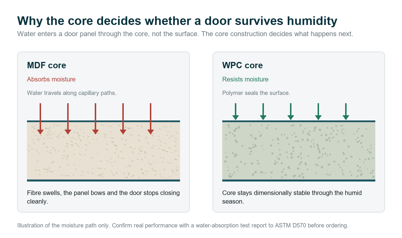 Diagram comparing an MDF core that absorbs moisture with a WPC core that resists it